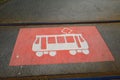 Closeup of red white old vintage tram car sign on asphalt between rails - Germany Royalty Free Stock Photo