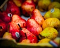 Closeup of red and yellow pears with labels. Bio food. Royalty Free Stock Photo