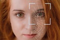 Closeup of redhead caucasian young woman getting eye scanning, collage Royalty Free Stock Photo