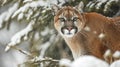 Closeup of a regal cougar its fur fluffed up against the chilly winter weather. The cold has not subdued its commanding