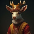 Closeup of a regal reindeer in a fancy coat.
