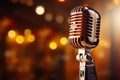 Closeup retro microphone on stage, music background