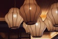 Closeup of retro pendant lights with Chinese traditional lampshades hanging under ceiling. Stained glass surface of lamps