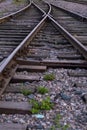 Closeup of an retro style railway track with wooden sleepers