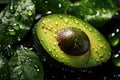 closeup ripe avocado with water drops