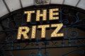 Closeup of The Ritz hotel sign on the entrance in London, United Kingdom