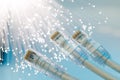 Closeup of RJ45 UTP LAN on the background of optical fibers with blurred lights Royalty Free Stock Photo