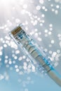 Closeup of RJ45 UTP LAN on the background of optical fibers with blurred lights Royalty Free Stock Photo