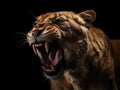 A Closeup of a Roaring Sabertooth Tiger in the Dark Royalty Free Stock Photo