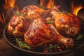 Closeup Roasted chicken legs on grill with flames and smoke