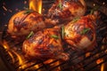 Closeup Roasted chicken legs on grill with flames and smoke