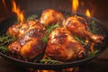Closeup Roasted chicken legs on grill with flames and smoke