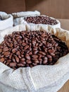 Closeup of fresh roasted coffee bean bag Royalty Free Stock Photo