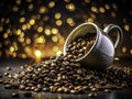 Closeup of Roasted Coffee Beans Scattered from a Ceramic Cup Against a Dramatic Black Background A Rich Aromatic Royalty Free Stock Photo