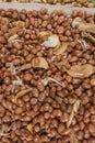 Closeup of roasted peanuts with skin mixed with fried garlic cloves. For sale at a food stall or sidewalk vendor Royalty Free Stock Photo
