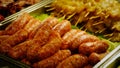 Closeup roasted sausages in a plate