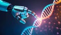 Closeup robot hand touching a DNA chain. Artificial intelligence technology concept, science innovation of human genome Royalty Free Stock Photo