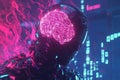 Closeup of a robotic head with a glowing pink brain and digital data streams Royalty Free Stock Photo