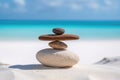 Closeup Of Rock Podium On White Sand Against Backdrop Of Unfocused Maldives. Balance Stones. Generative AI