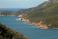 Closeup of rocky seashore of Wineglass Bay in Freycinet National