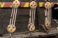 Closeup ropes sailing ship stretched between pulleys Royalty Free Stock Photo