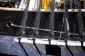 Closeup of ropes and wooden pulleys from a wooden ship