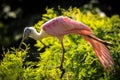 Closeup of a Roseate spoonbill Platalea ajaja perched in a tree