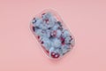 Closeup of rotten moldy raspberry in plastic box on pink