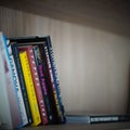 Closeup of row of books including Stephen King on a wooden shelf.