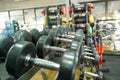 Closeup Rows of dumbbells in the gym