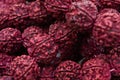 Closeup of a rudraksha mala is the seed of the Eliocarpus ganitrus tree used as prayer beads in Hinduism especially