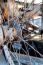 Closeup rusted bicycle wheel spokes parts Royalty Free Stock Photo