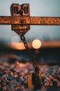 Closeup of a rustic train track locks