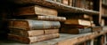 A closeup of a rustic wooden bookshelf filled with old books in a cozy library setting. Concept