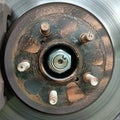 closeup of the rusty disc of a car wheel
