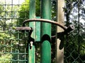 Closeup of rusty lock on a green fence Royalty Free Stock Photo