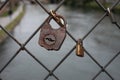 rusty padlock on metallic fence on bridge on river background Royalty Free Stock Photo