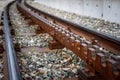 Closeup of rusty train tracks of rack railway