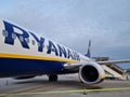Closeup of Ryanair plane departing on the runway Royalty Free Stock Photo