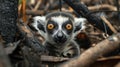 Closeup of a saddened and fearful lemur with a haunted look in its eyes as it peers through the charred remains of its