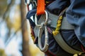 closeup of a safety harness and carabiners on a ziplining adventurer