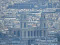 Closeup of Saint-Sulpice Church or Eglise Saint-Sulpice at sunset light from panoramic terrace of Tour Montparnasse. Aerial view
