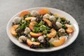 Closeup salad with nectarines, mozzarella and mixed greens in white plate on concrete background