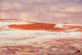 Closeup of salt layers on the shores of a pink salt lake