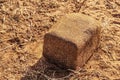 Closeup of salt or mineral block for cattle laying on red earth - partially licked on red churred earth where animals have been