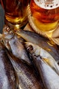 Closeup of salted air-dried roach fish, sabrefish and perch served with amber beer