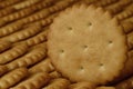 Closeup of salted crackers. Background image of classic salty cracker on a brown wooden tabl Royalty Free Stock Photo