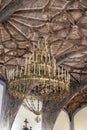 Closeup San Andres Church Original and unique wooden ceiling with big lamp Royalty Free Stock Photo