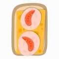 Closeup sandwich with ham, slices of cheese and tomato. American traditional breakfast with popular products. Vector hand drawn Royalty Free Stock Photo