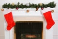 Closeup santa stockings on fireplace Royalty Free Stock Photo